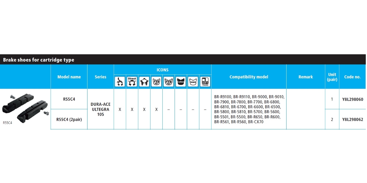 ULOŠCI SHIMANO BR-9000 R55C4 CARTIDGE-TYPE &amp; FIXING BOLTS, 1 PAR